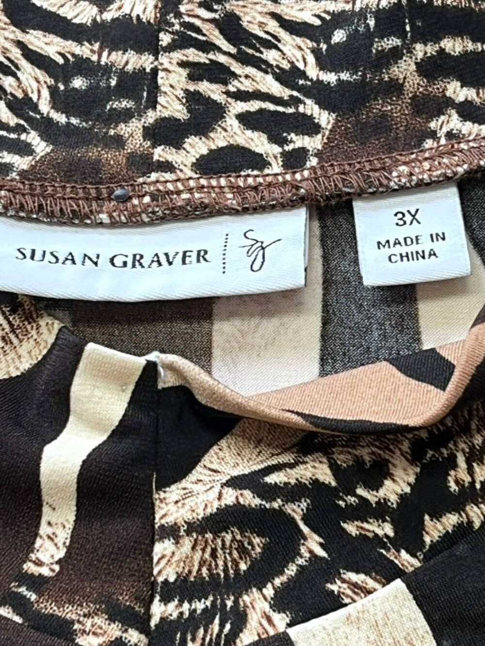 Susan Graver Blouse Top 3X Brown Black Animal Print Sequins 3/4 Sleeve Mock Neck - Picture 3 of 9